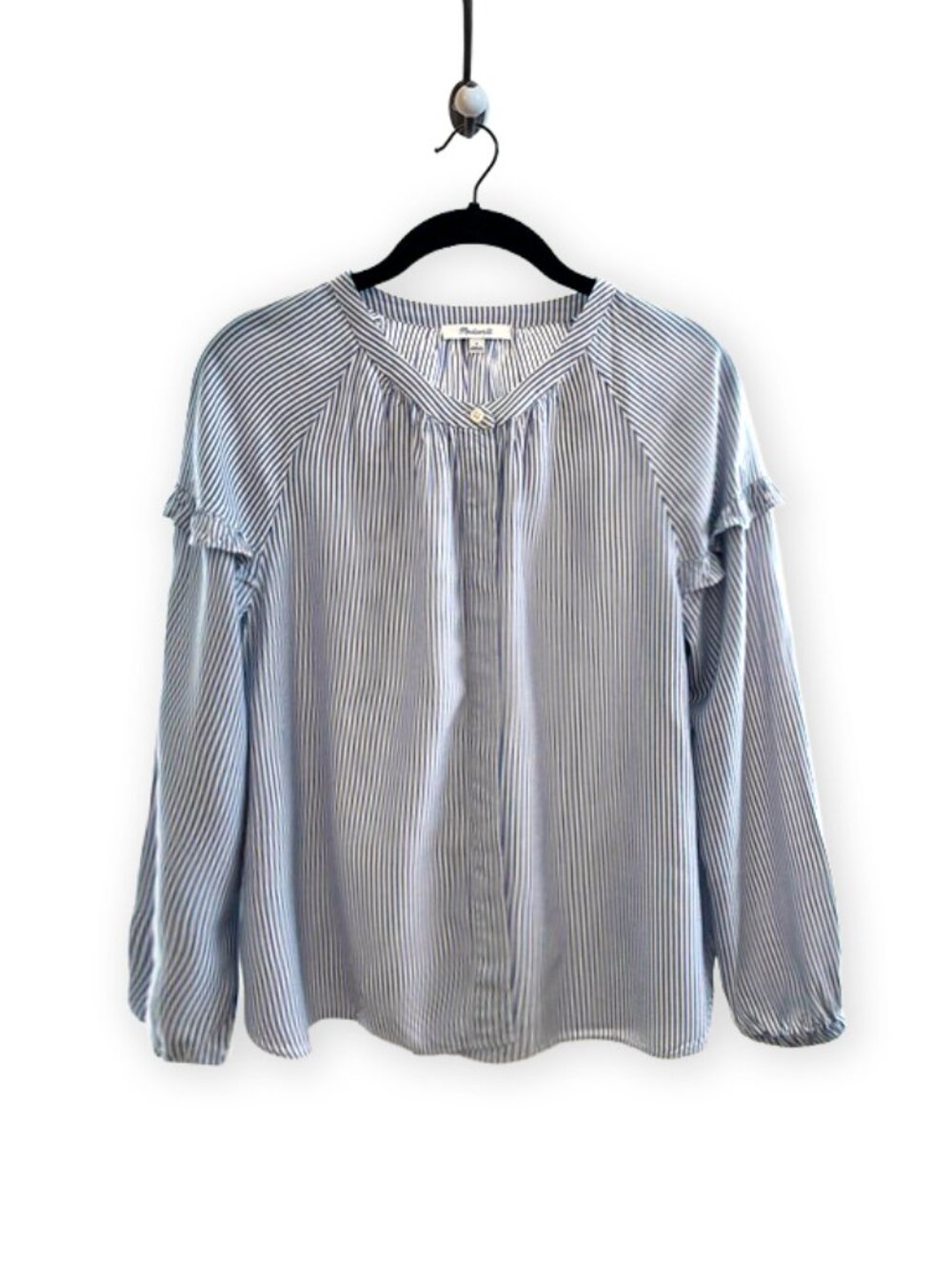 Madewell Blue & Off White Striped Ruffle-Trim Blouse